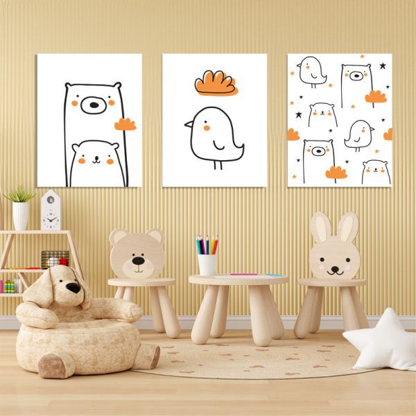 סט 3 תמונות קנבס לחדר ילדים עם תמונות של חיות בסגנון מינימל